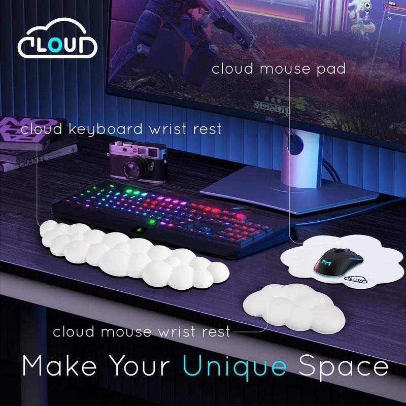 Labeol Cloud Wrist Rest for Computer Keyboard Arm Wrist Rest with Non-Slip Base Extended Wrist Rest Ergonomic Memory Foam for Keyboard and Mouse Typing Pain Relief, Office, Gaming, Computer (cloud white set) - Image 2